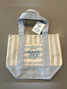 Trader Joe's Blue and Cream Striped Mini Canvas Tote Bag